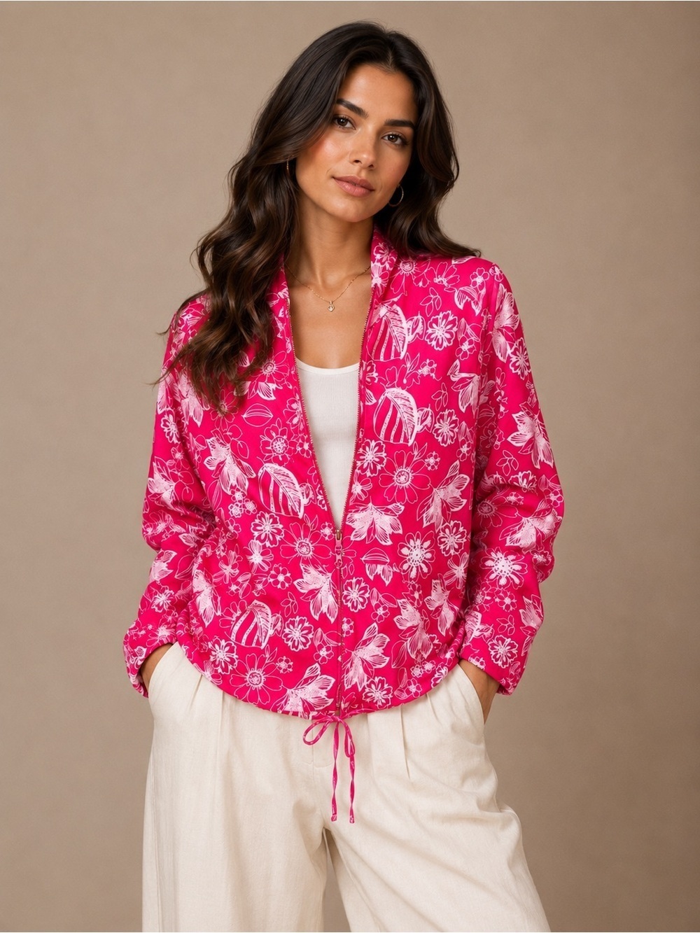 Allyson Whitmore Pink Floral jacket/hoodie size L front zipper long sleeve
